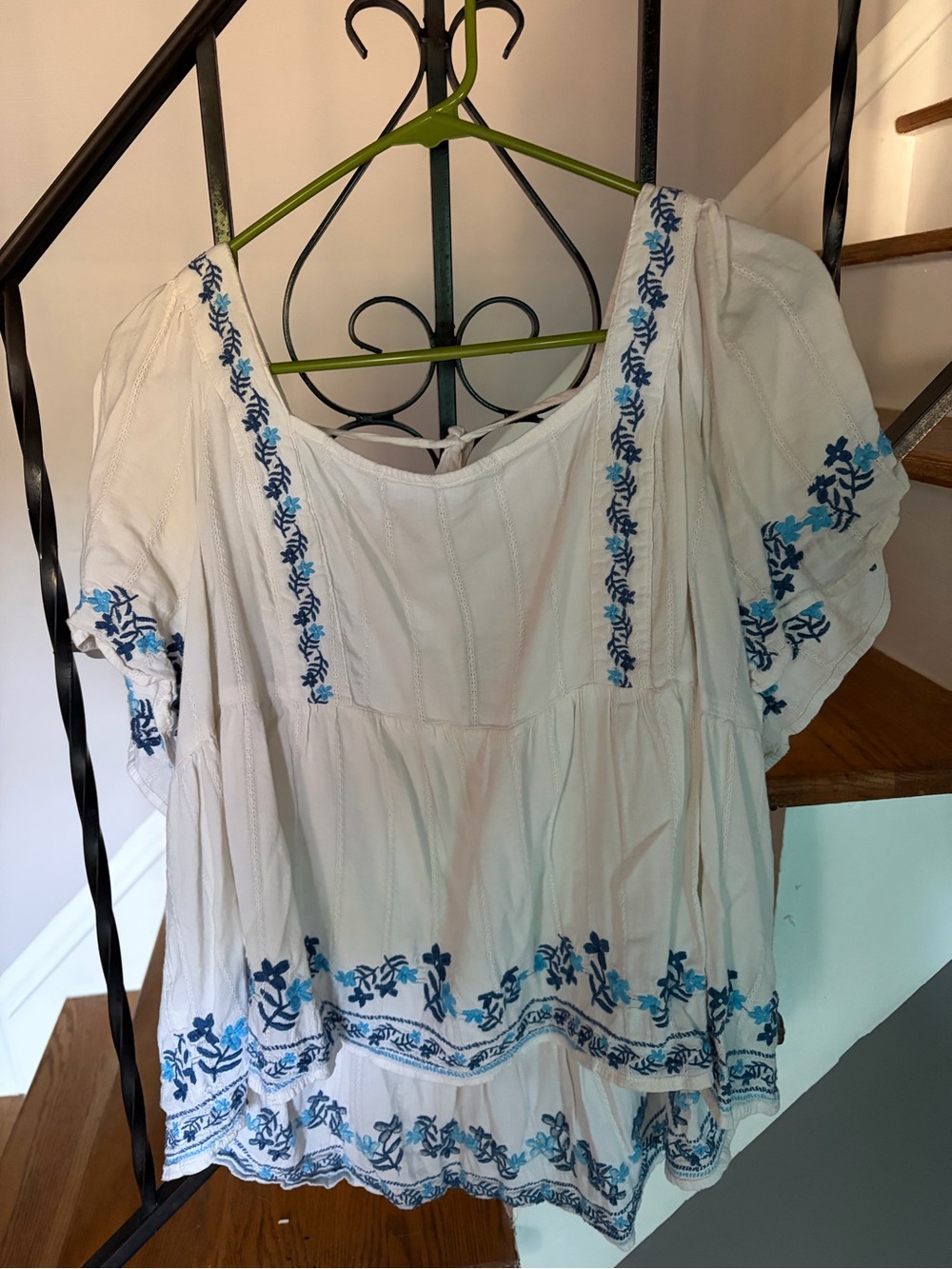 Old Navy White Peasant Tunic with Blue Floral Embroidery
